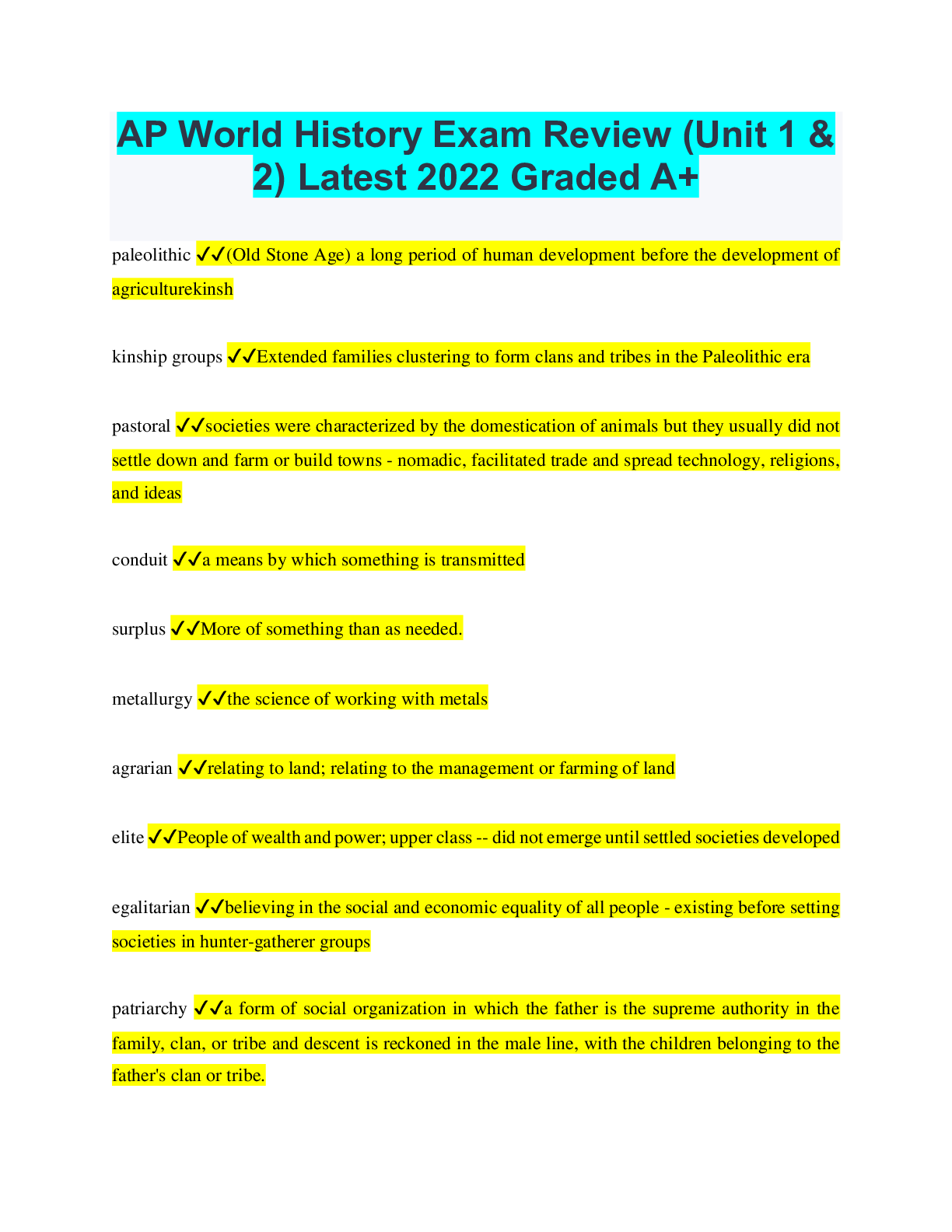 AP World History Exam Review (Unit 1 & 2) Latest 2022 Graded A+